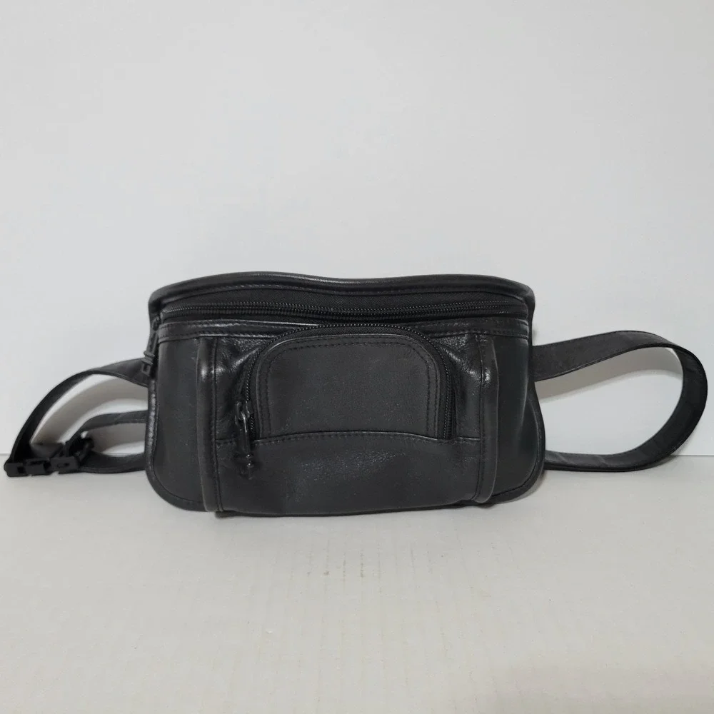 Vintage TUMI Black Genuine Leather Waist Belt Bag Fanny Pack Unisex
